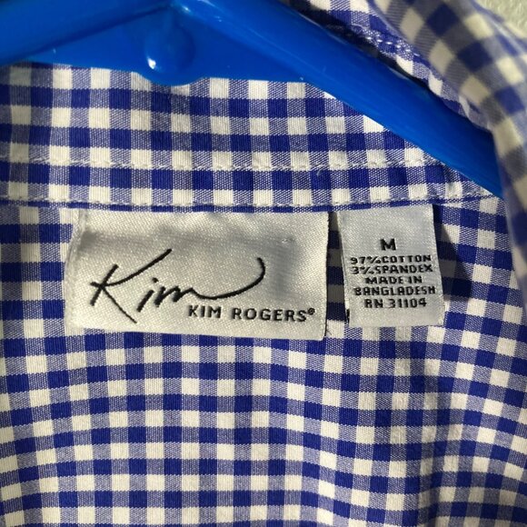 Womens Kim Rogers Gingham Button Shirt Blue White M 1/2 Sleeve Stretch - Picture 8 of 9